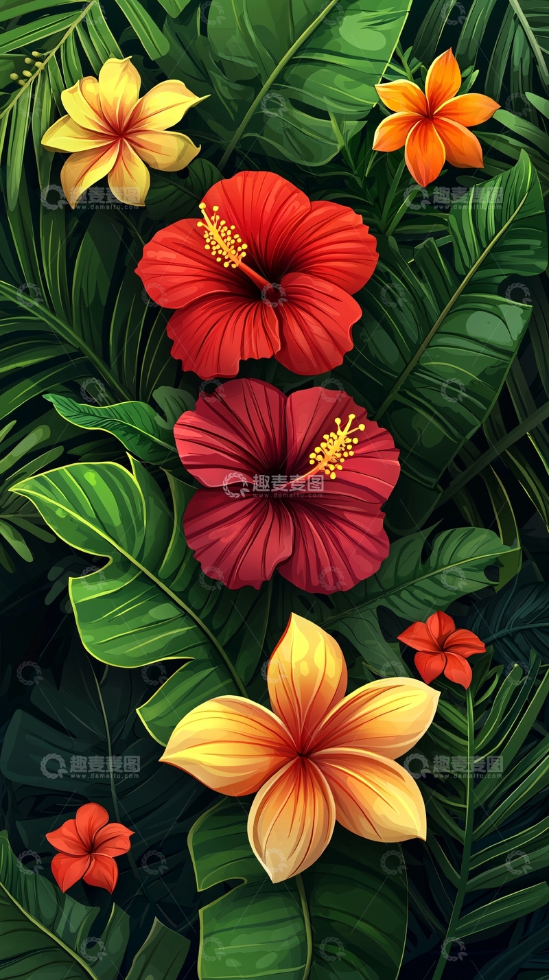 高清大图下载【趣麦麦图】热带花卉插画