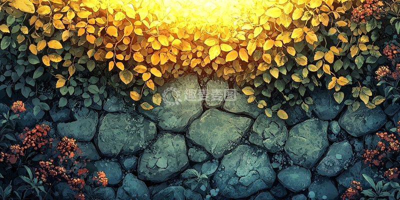 高清大图下载【趣麦麦图】石墙绿叶背景