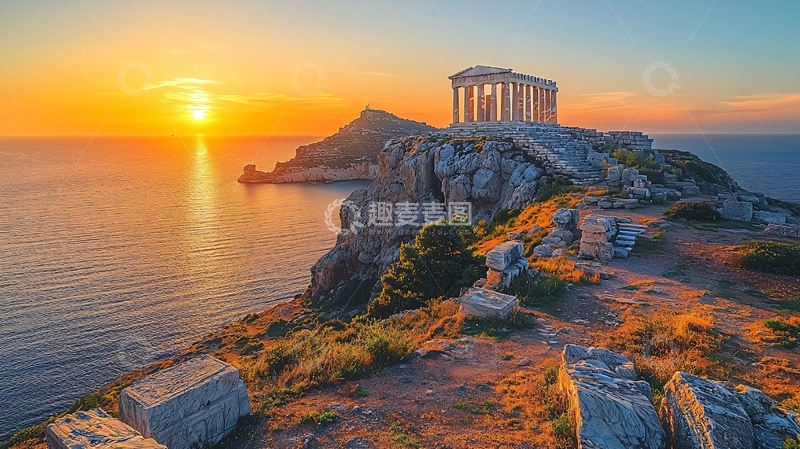 高清大图下载【趣麦麦图】日出海边古希腊神庙