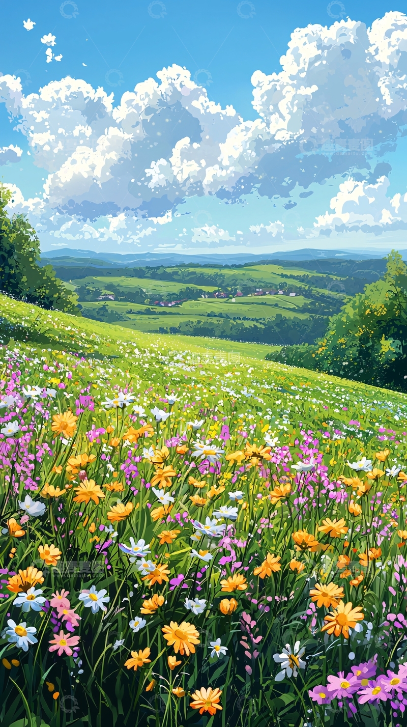 高清大图下载【趣麦麦图】山坡上的野花盛开的春天