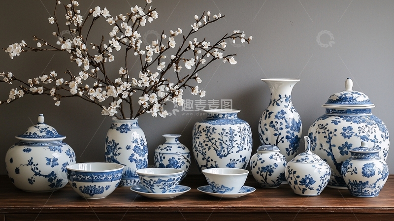 高清大图下载【趣麦麦图】青花瓷器与白色花朵