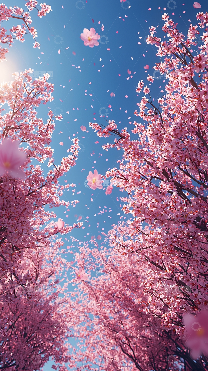 高清大图下载【趣麦麦图】樱花飞舞蓝天下的粉色树林
