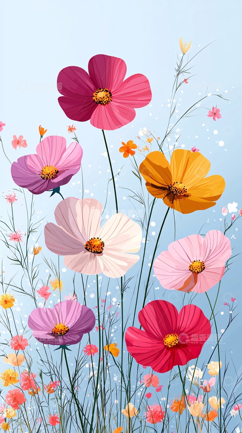 高清大图下载【趣麦麦图】彩色波斯菊花束插画