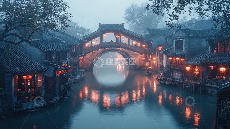 高清大图下载【趣麦麦图】古镇夜景