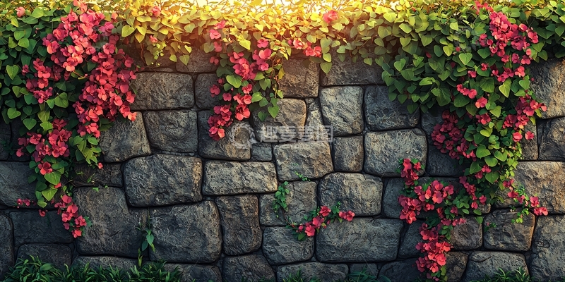 高清大图下载【趣麦麦图】石墙上的红色花朵和绿色藤蔓
