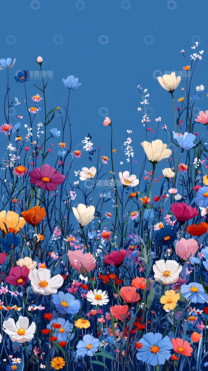 高清大图下载【趣麦麦图】蓝天背景下五彩缤纷的野花
