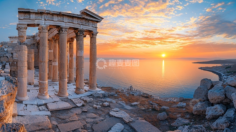 高清大图下载【趣麦麦图】日出海边古希腊神庙