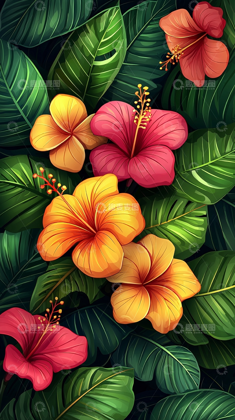 高清大图下载【趣麦麦图】热带花卉绿叶背景图