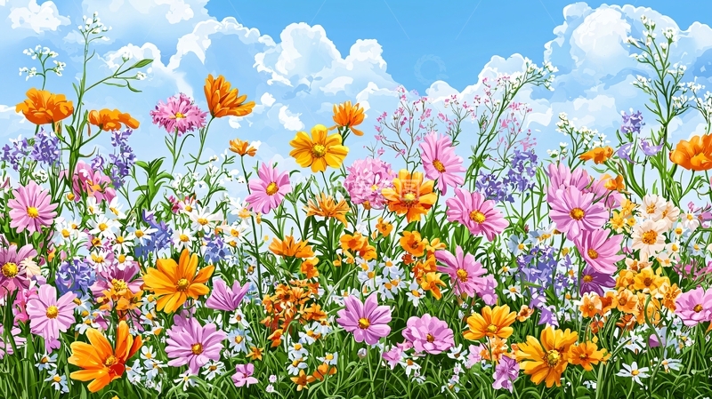 高清大图下载【趣麦麦图】蓝天白云下五彩缤纷的花田