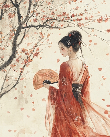 古风红衣女子赏花