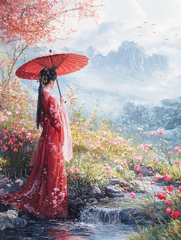 红衣女子撑伞远眺
