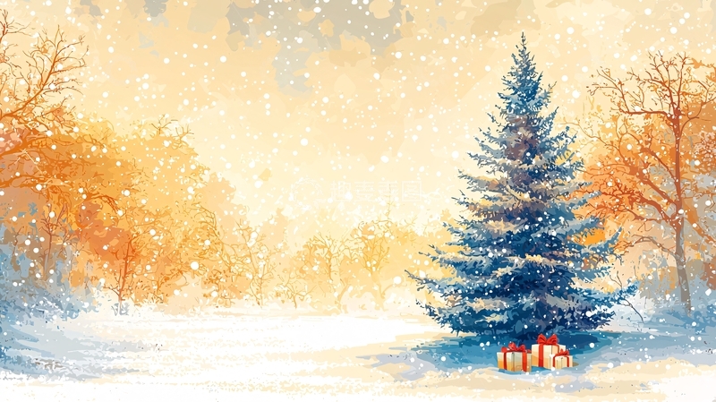 高清大图下载【趣麦麦图】冬日雪景松树小屋