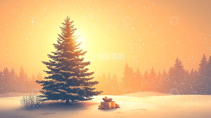 高清大图下载【趣麦麦图】夕阳下的雪地圣诞树