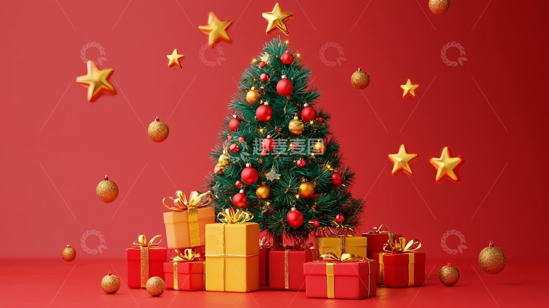 高清大图下载【趣麦麦图】红色背景圣诞树