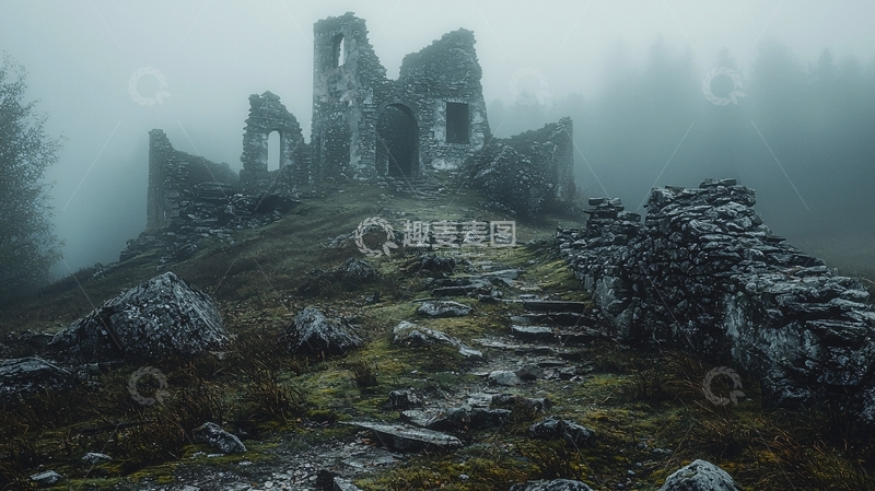 高清大图下载【趣麦麦图】浓雾山顶废墟城堡