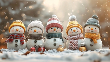 雪地里五个可爱雪人