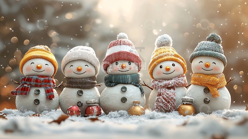 高清大图下载【趣麦麦图】雪地里五个可爱雪人