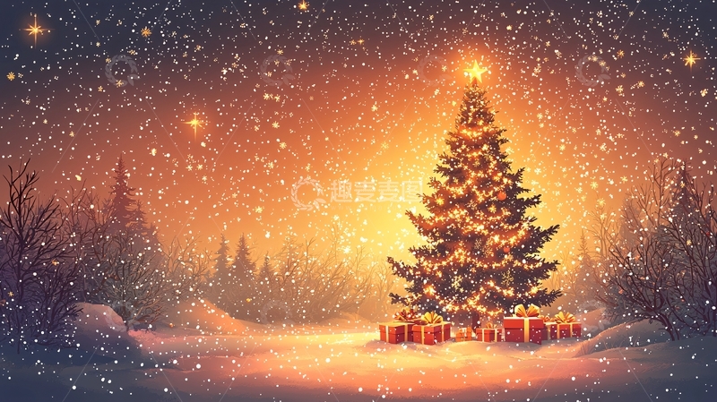 高清大图下载【趣麦麦图】下雪的夜晚圣诞树
