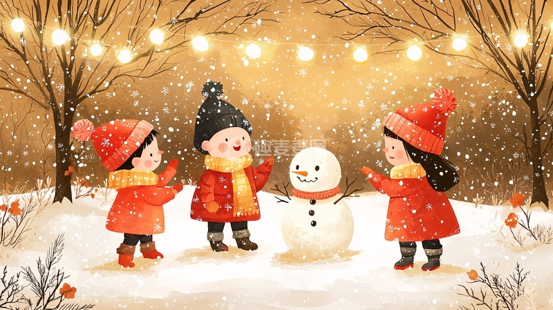 高清大图下载【趣麦麦图】冬日儿童堆雪人
