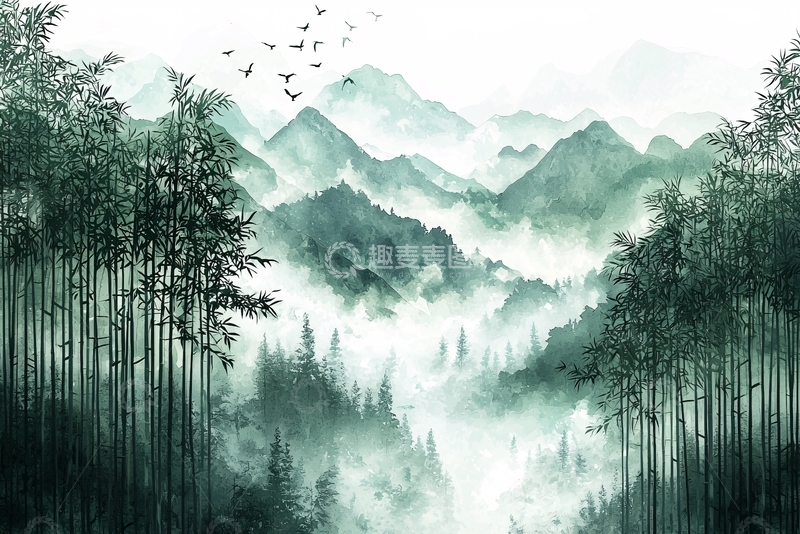 高清大图下载【趣麦麦图】水墨山水竹林雾气飞鸟图