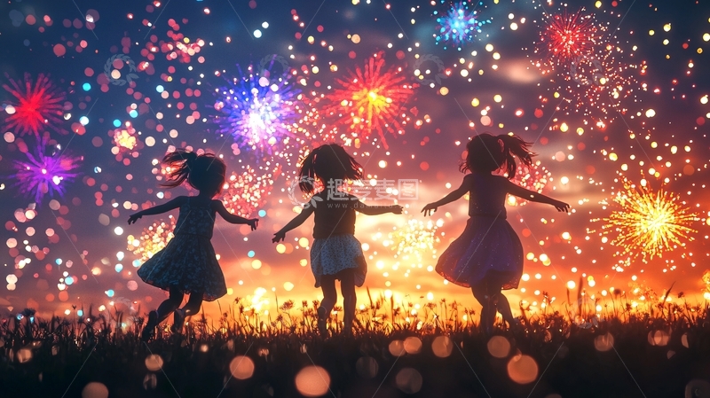 高清大图下载【趣麦麦图】烟花下的快乐女孩