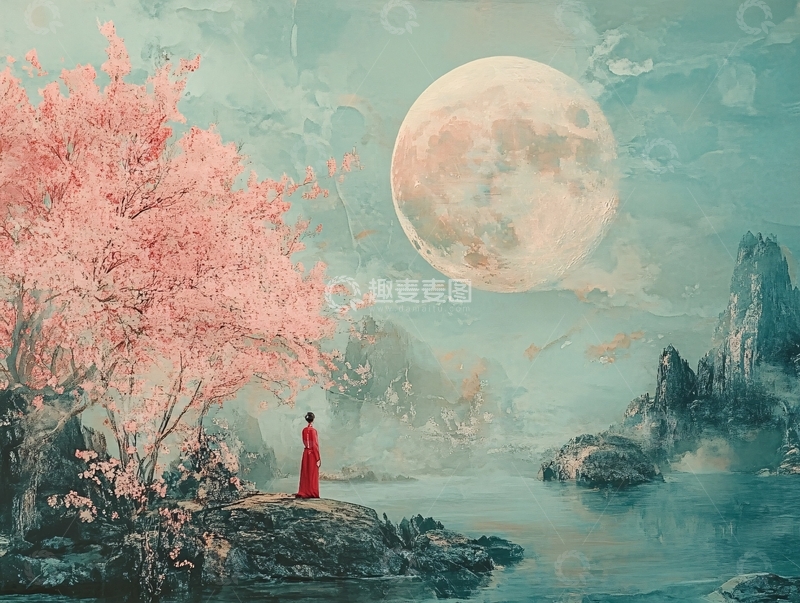 高清大图下载【趣麦麦图】红衣女子月夜赏樱
