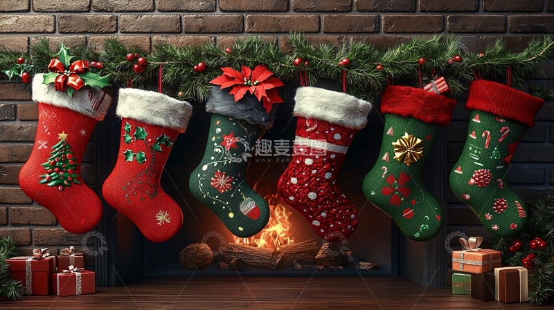 高清大图下载【趣麦麦图】圣诞袜挂壁炉