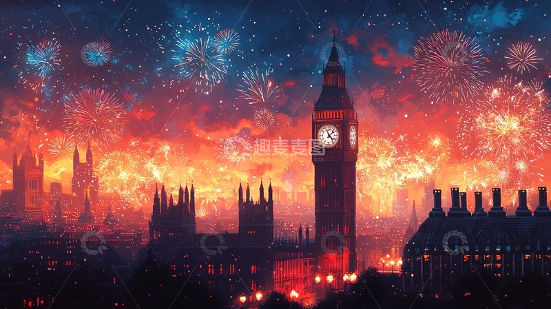 高清大图下载【趣麦麦图】伦敦大本钟烟火夜景