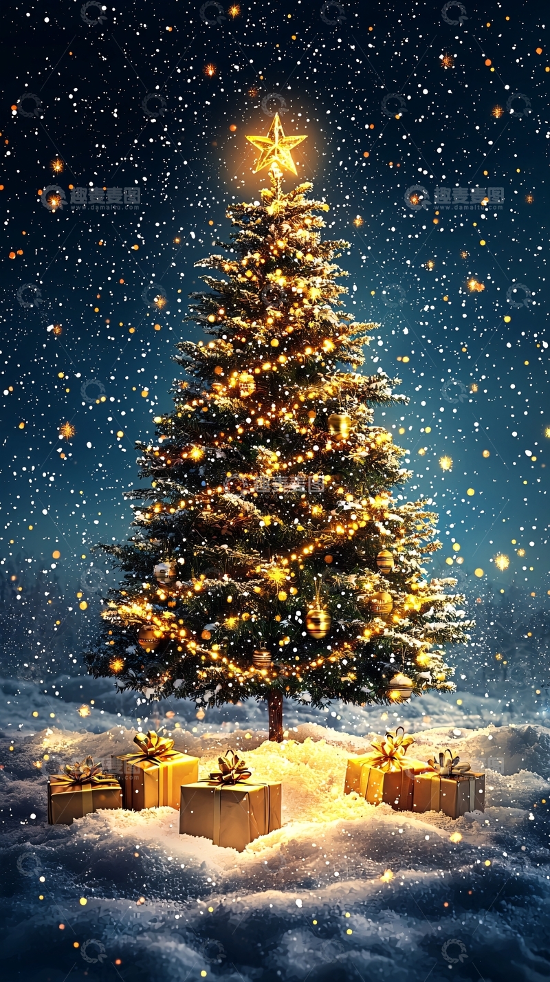 高清大图下载【趣麦麦图】圣诞节夜晚的雪地松树