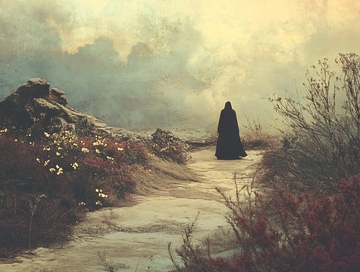 荒凉山路上的黑色斗篷人