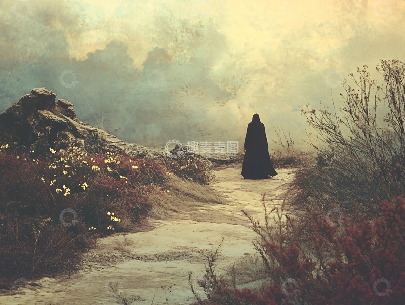 高清大图下载【趣麦麦图】荒凉山路上的黑色斗篷人