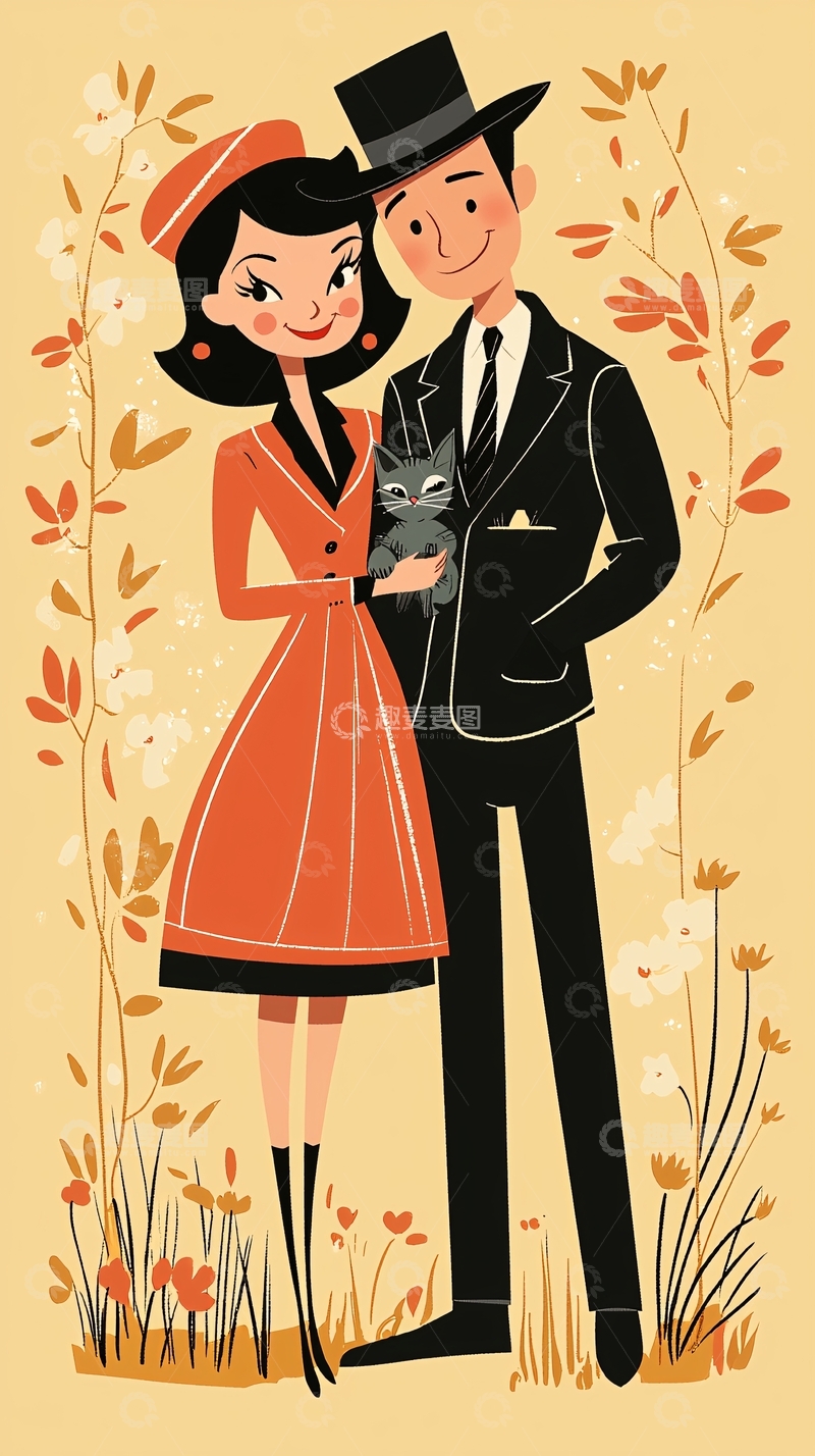 高清大图下载【趣麦麦图】复古情侣插画