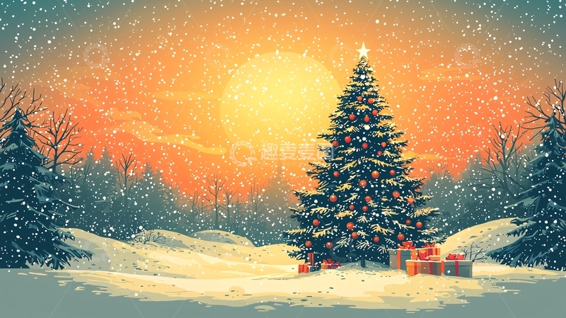 高清大图下载【趣麦麦图】夕阳雪景下的圣诞树