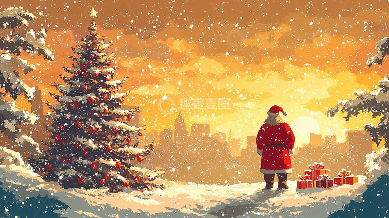 高清大图下载【趣麦麦图】圣诞老人雪景日落
