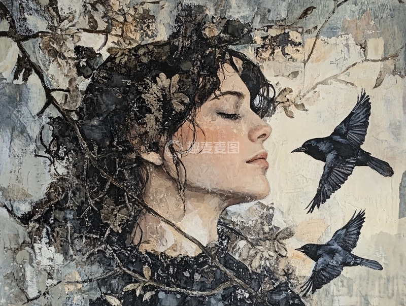 高清大图下载【趣麦麦图】静谧女子与乌鸦