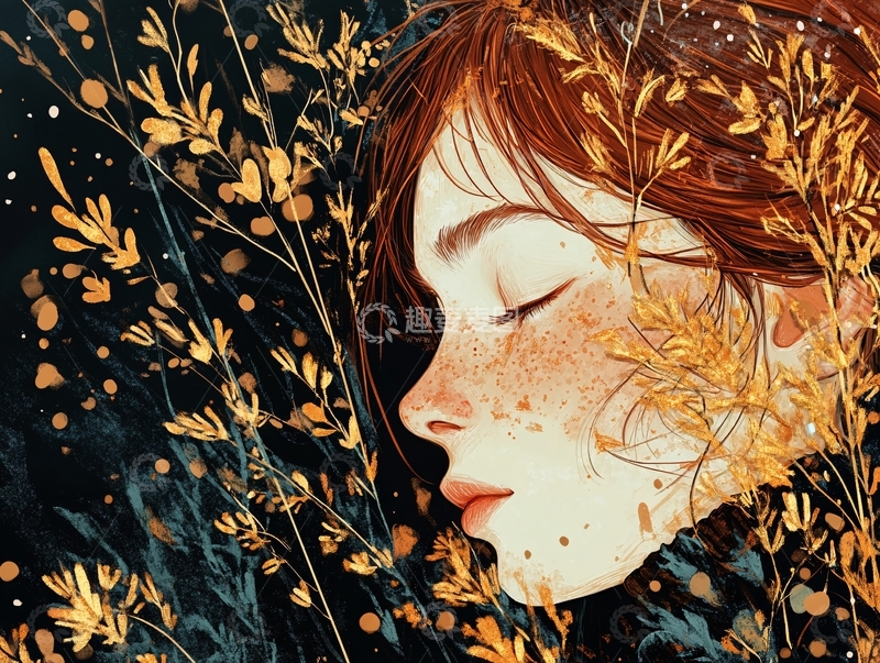 高清大图下载【趣麦麦图】红发女孩侧脸植物花卉