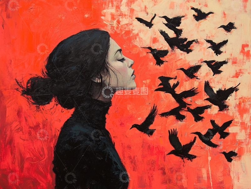 高清大图下载【趣麦麦图】红衣女子与飞鸟