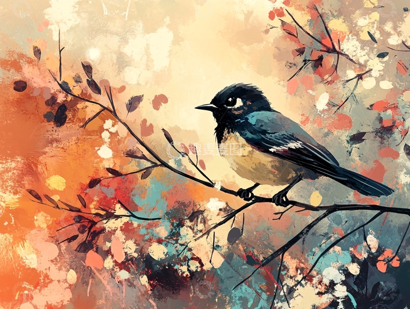 高清大图下载【趣麦麦图】小鸟栖息枝头暖色调