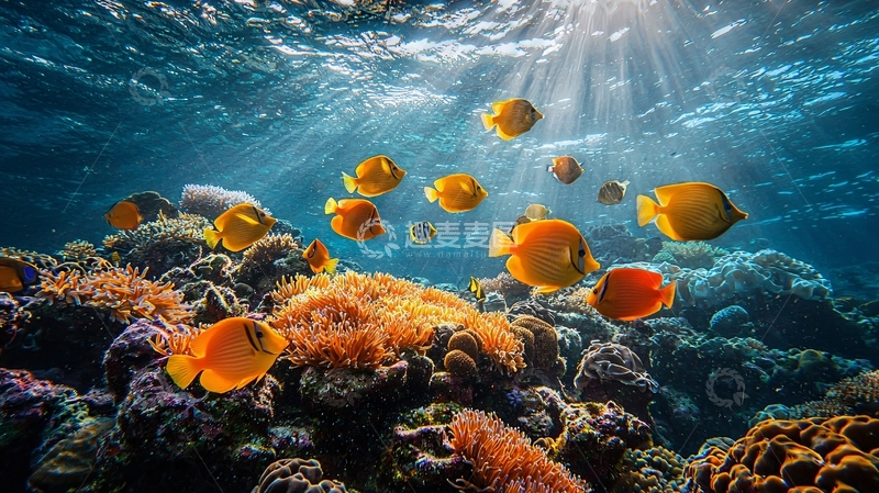 高清大图下载【趣麦麦图】阳光透过海水照射珊瑚礁