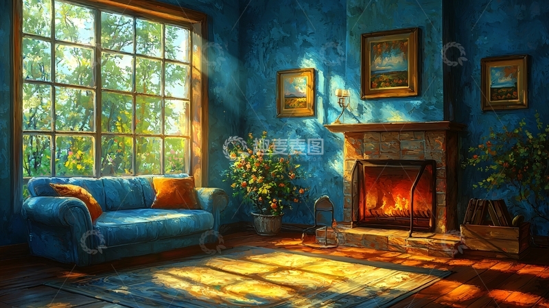 高清大图下载【趣麦麦图】阳光透过窗户洒进蓝色房间