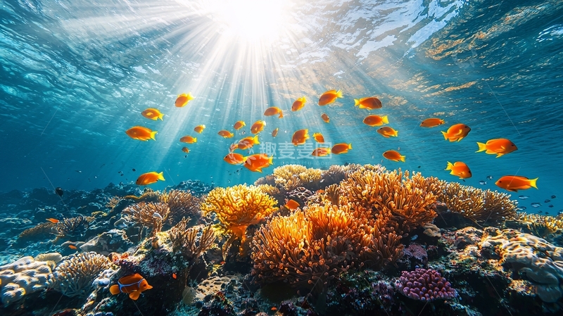 高清大图下载【趣麦麦图】阳光透过海水照射珊瑚礁