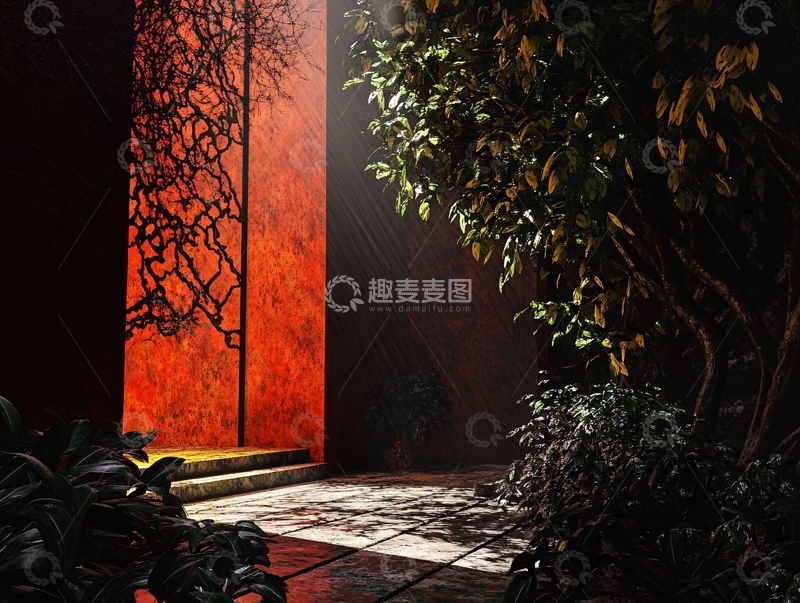 高清大图下载【趣麦麦图】暗红墙壁花园小径