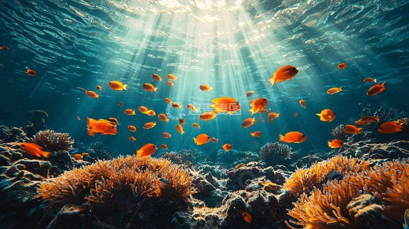 高清大图下载【趣麦麦图】阳光照射下的珊瑚礁鱼群