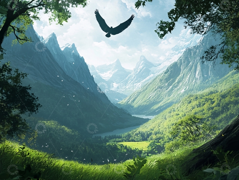 高清大图下载【趣麦麦图】山谷飞鹰绿树环绕