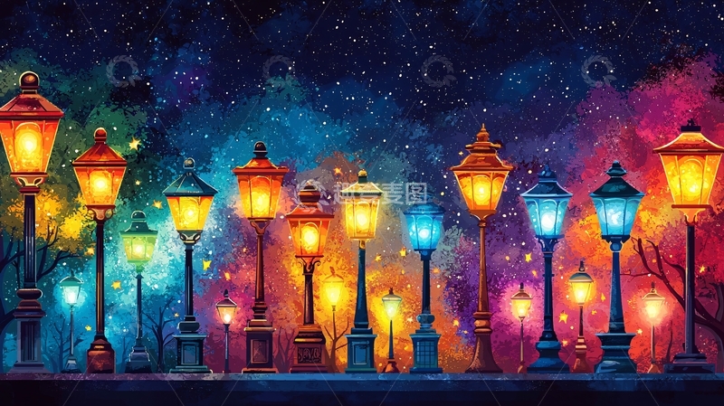 高清大图下载【趣麦麦图】梦幻多彩路灯夜景