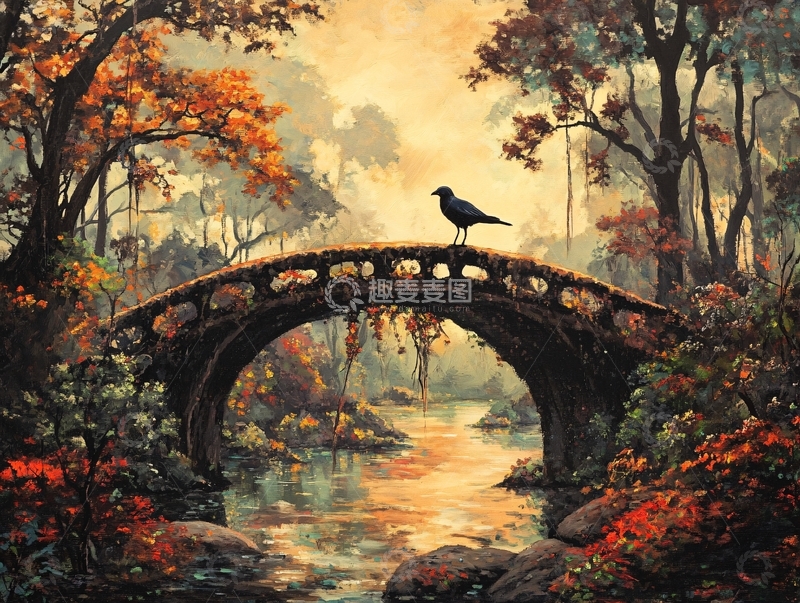 高清大图下载【趣麦麦图】秋日森林古桥乌鸦