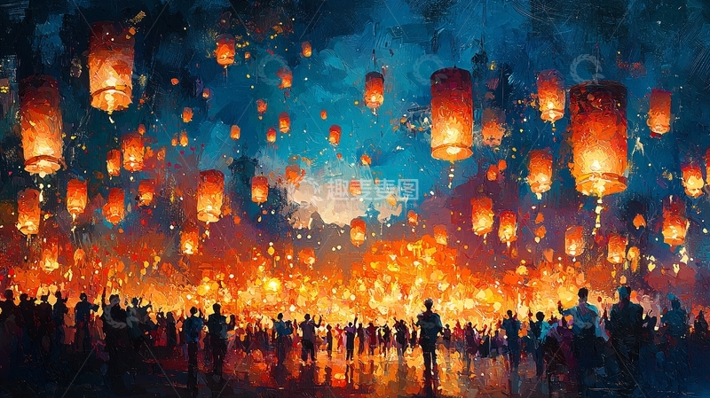 高清大图下载【趣麦麦图】夜空飞舞的许愿灯笼