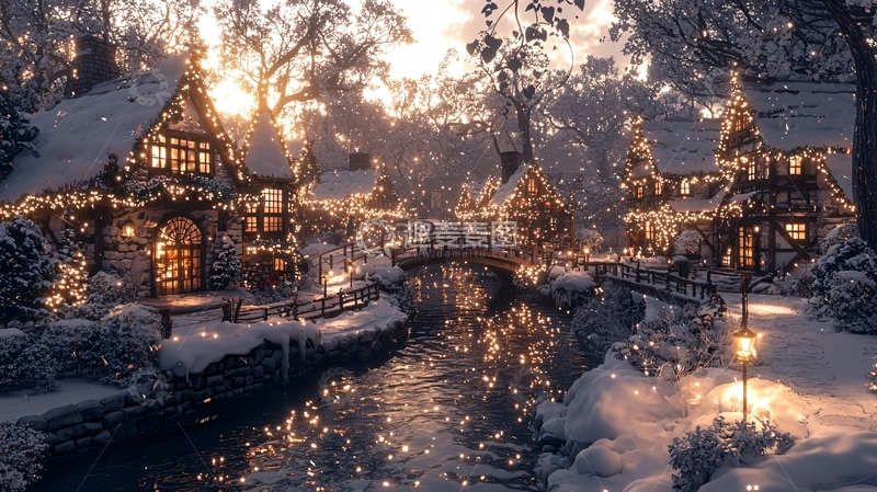 高清大图下载【趣麦麦图】雪景小镇日落