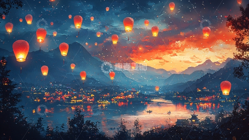 高清大图下载【趣麦麦图】梦幻星空下的山谷小镇