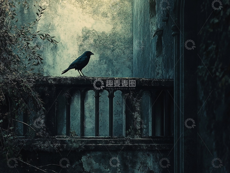 高清大图下载【趣麦麦图】老式建筑阳台上的乌鸦